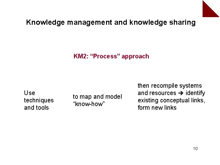 Knowledge management and knowledge sharing KM 2: “Process” approach Use techniques and tools to