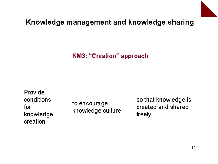 Knowledge management and knowledge sharing KM 3: “Creation” approach Provide conditions for knowledge creation