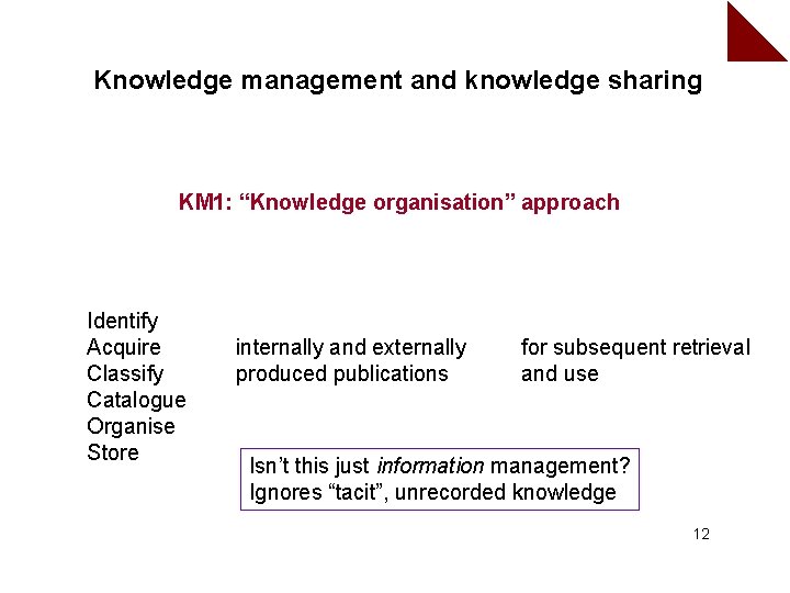 Knowledge management and knowledge sharing KM 1: “Knowledge organisation” approach Identify Acquire Classify Catalogue