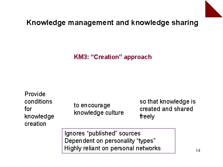 Knowledge management and knowledge sharing KM 3: “Creation” approach Provide conditions for knowledge creation