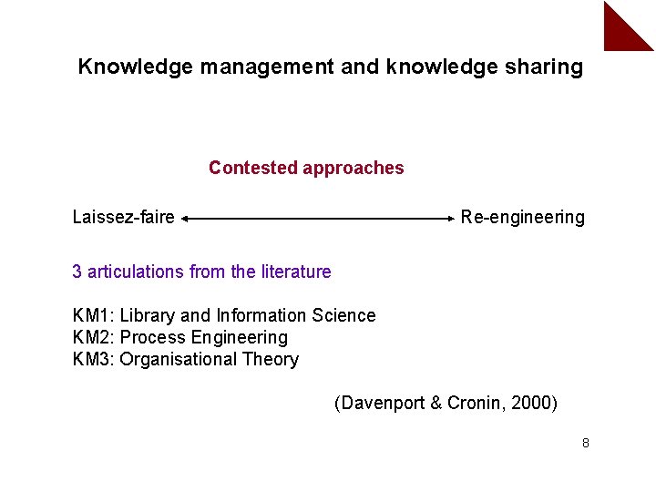 Knowledge management and knowledge sharing Contested approaches Laissez-faire Re-engineering 3 articulations from the literature