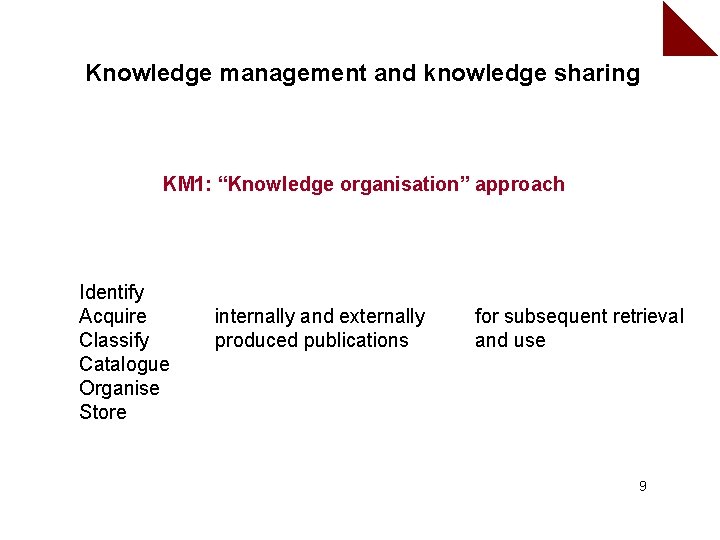 Knowledge management and knowledge sharing KM 1: “Knowledge organisation” approach Identify Acquire Classify Catalogue