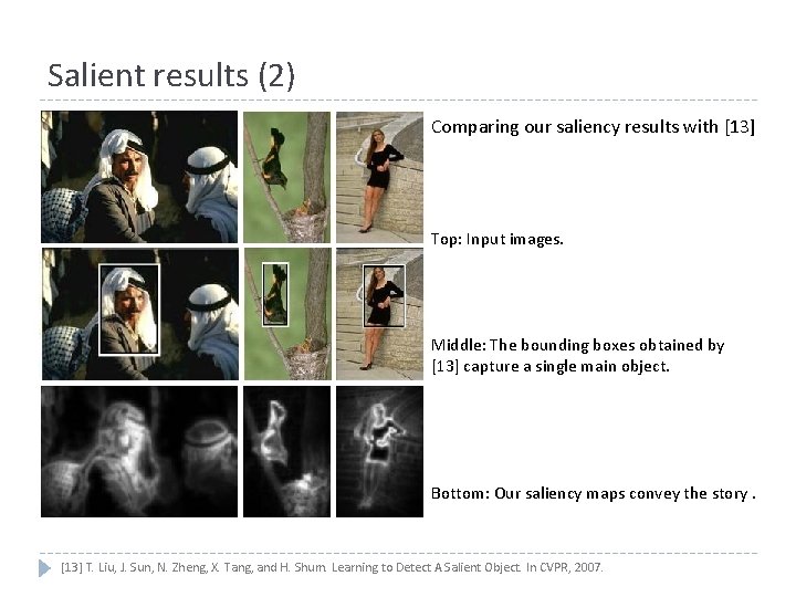 Salient results (2) Comparing our saliency results with [13] Top: Input images. Middle: The