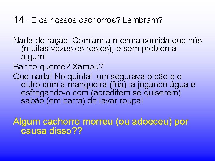 14 - E os nossos cachorros? Lembram? Nada de ração. Comiam a mesma comida 14 - E os nossos cachorros? Lembram? Nada de ração. Comiam a mesma comida