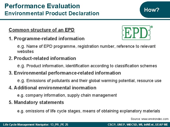 Performance Evaluation How? Environmental Product Declaration Common structure of an EPD 1. Programme-related information