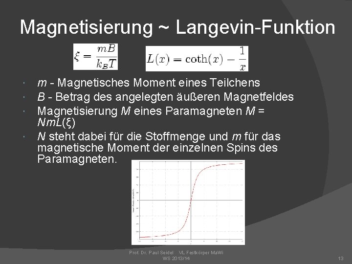 Magnetisierung ~ Langevin-Funktion m - Magnetisches Moment eines Teilchens B - Betrag des angelegten