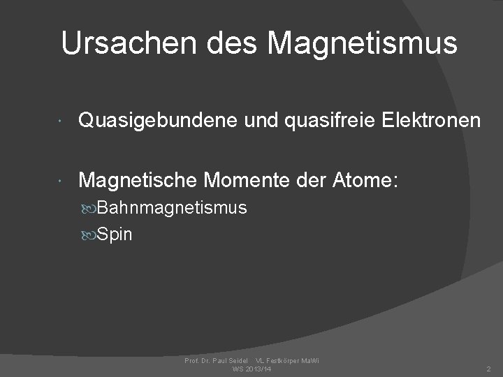 Ursachen des Magnetismus Quasigebundene und quasifreie Elektronen Magnetische Momente der Atome: Bahnmagnetismus Spin Prof.