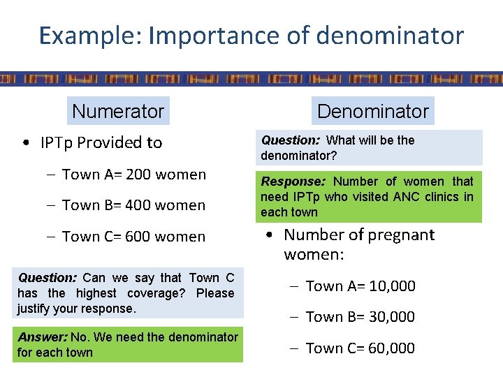 Example: Importance of denominator Numerator • IPTp Provided to – Town A= 200 women