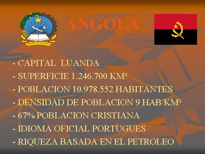 ANGOLA - CAPITAL LUANDA - SUPERFICIE 1. 246. 700 KM² - POBLACION 10. 978.