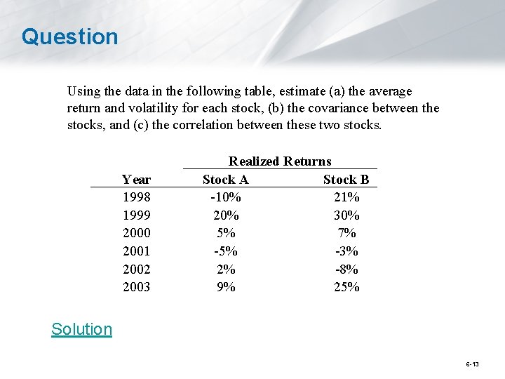 Question Using the data in the following table, estimate (a) the average return and