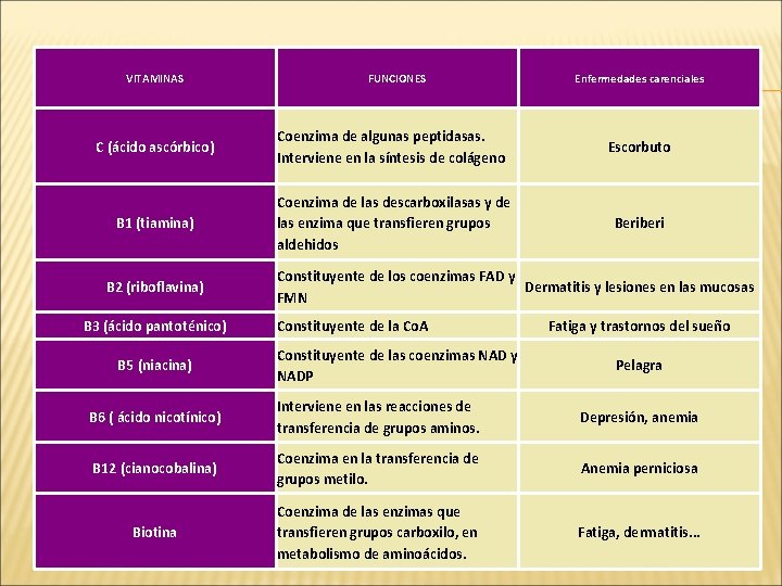 VITAMINAS FUNCIONES Enfermedades carenciales C (ácido ascórbico) Coenzima de algunas peptidasas. Interviene en la VITAMINAS FUNCIONES Enfermedades carenciales C (ácido ascórbico) Coenzima de algunas peptidasas. Interviene en la