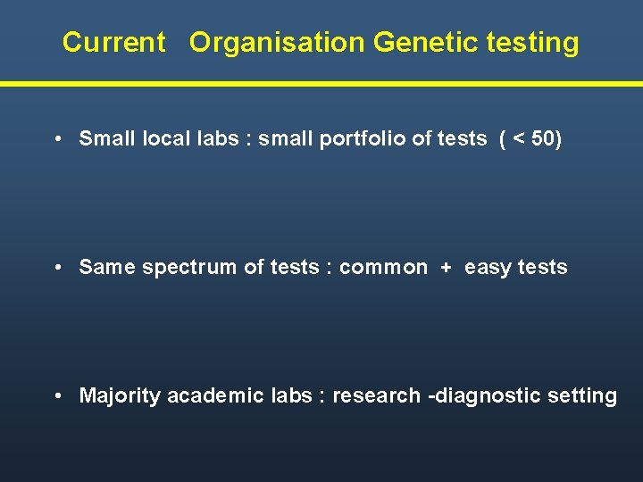 Current Organisation Genetic testing • Small local labs : small portfolio of tests (