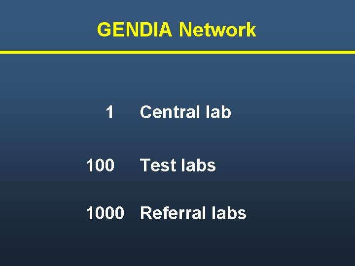 GENDIA Network 1 100 Central lab Test labs 1000 Referral labs 