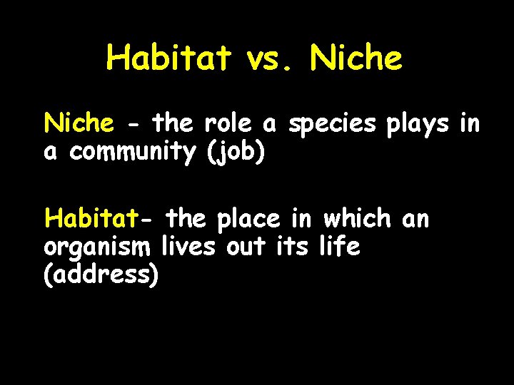 Habitat vs. Niche - the role a species plays in a community (job) Habitat-