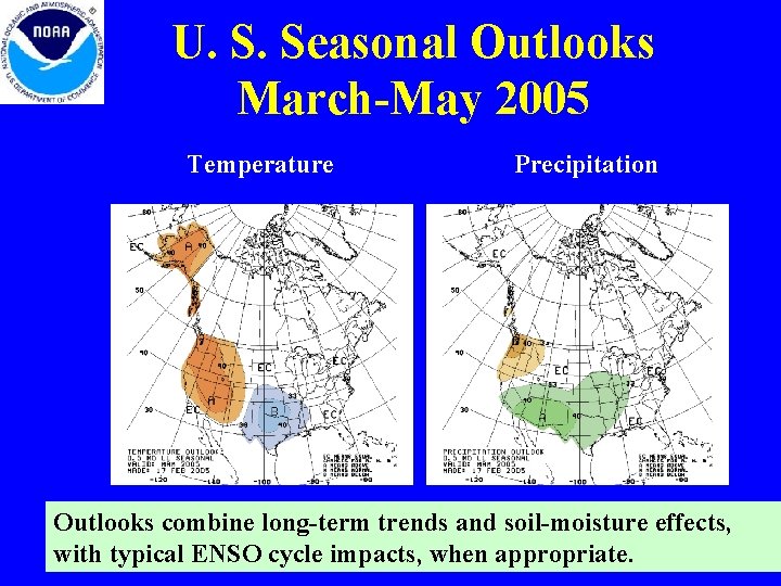 U. S. Seasonal Outlooks March-May 2005 Temperature Precipitation Outlooks combine long-term trends and soil-moisture U. S. Seasonal Outlooks March-May 2005 Temperature Precipitation Outlooks combine long-term trends and soil-moisture