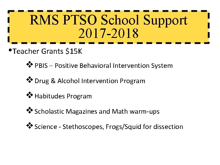 RMS PTSO School Support 2017 -2018 • Teacher Grants $15 K ❖PBIS – Positive