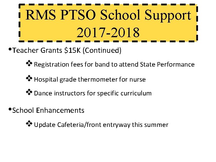 RMS PTSO School Support 2017 -2018 • Teacher Grants $15 K (Continued) ❖Registration fees