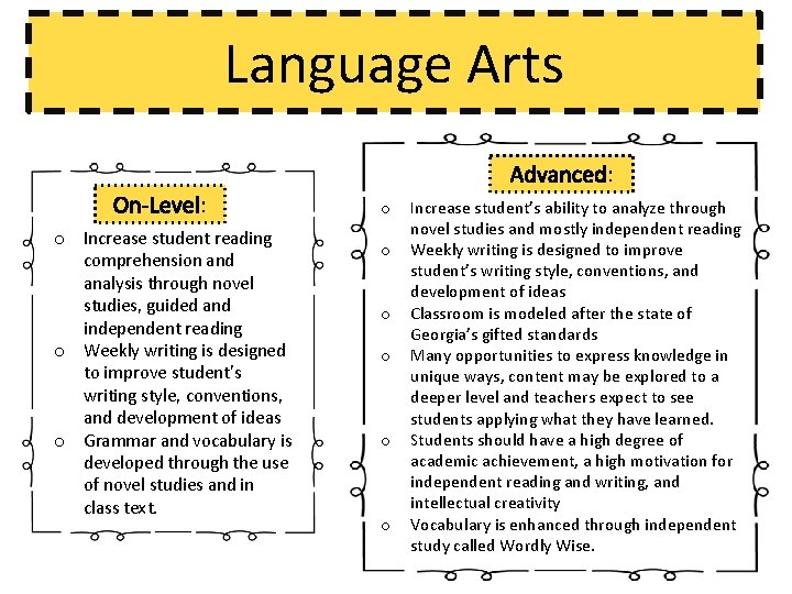 Language Arts Advanced: On-Level: o Increase student reading comprehension and analysis through novel studies,