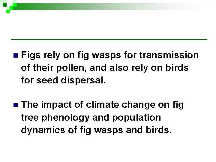 n Figs rely on fig wasps for transmission of their pollen, and also rely n Figs rely on fig wasps for transmission of their pollen, and also rely
