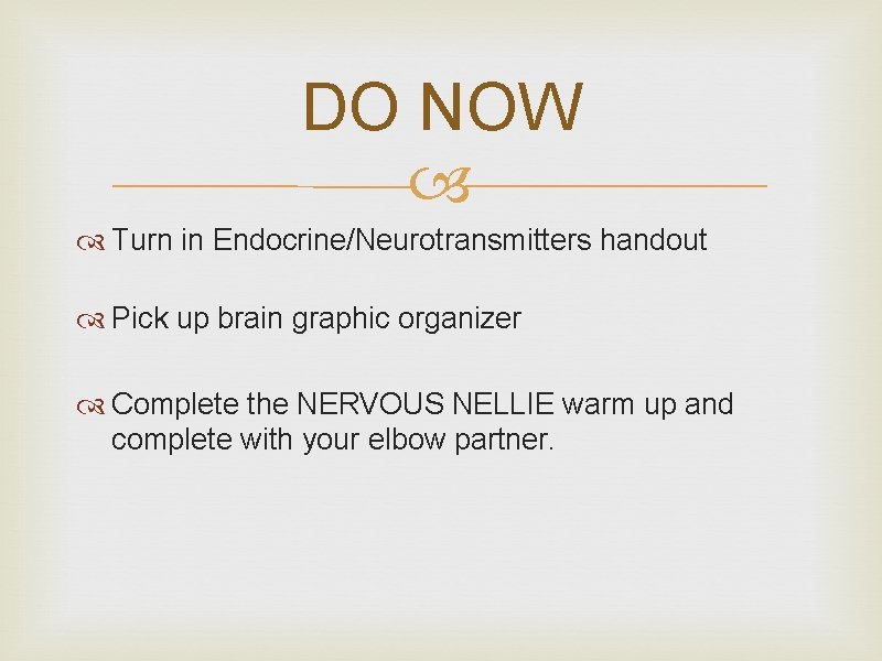 DO NOW Turn in Endocrine/Neurotransmitters handout Pick up brain graphic organizer Complete the NERVOUS