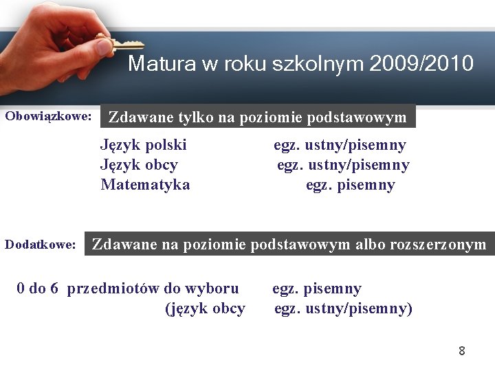 Matura w roku szkolnym 2009/2010 Obowiązkowe: Zdawane tylko na poziomie podstawowym Język polski Język