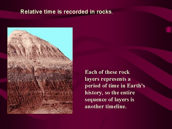 Relative time is recorded in rocks. Each of these rock layers represents a period