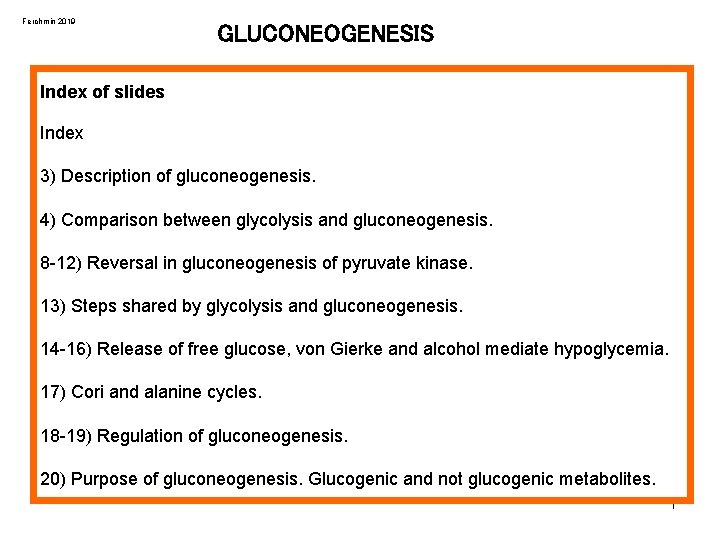 Ferchmin 2019 GLUCONEOGENESIS Index of slides Index 3) Description of gluconeogenesis. 4) Comparison between