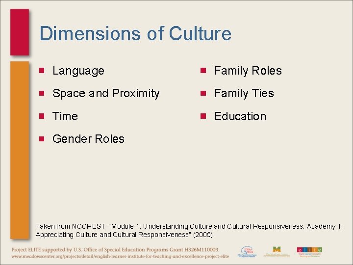 Dimensions of Culture Language Family Roles Space and Proximity Family Ties Time Education Gender