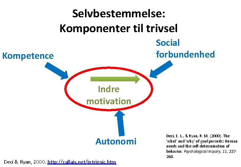 Selvbestemmelse: Komponenter til trivsel Social forbundenhed Kompetence Indre motivation Autonomi Deci & Ryan, 2000.