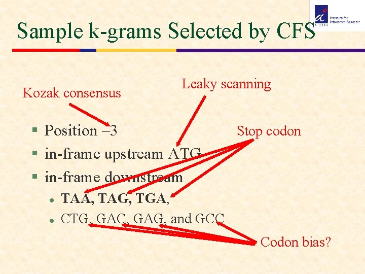 Sample k-grams Selected by CFS Kozak consensus Leaky scanning § Position – 3 §