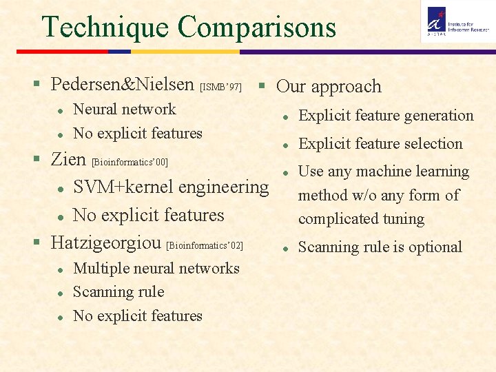 Technique Comparisons § Pedersen&Nielsen [ISMB’ 97] § Our approach l l Neural network No