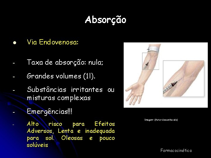 Absorção l Via Endovenosa: - Taxa de absorção: nula; - Grandes volumes (1 l).