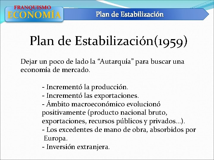 FRANQUISMO ECONOMÍA Plan de Estabilización(1959) Dejar un poco de lado la “Autarquía” para buscar