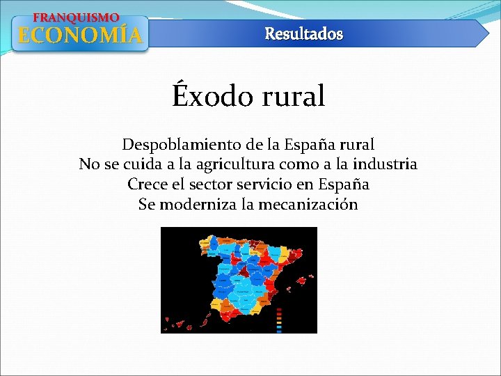 FRANQUISMO ECONOMÍA Resultados Éxodo rural Despoblamiento de la España rural No se cuida a