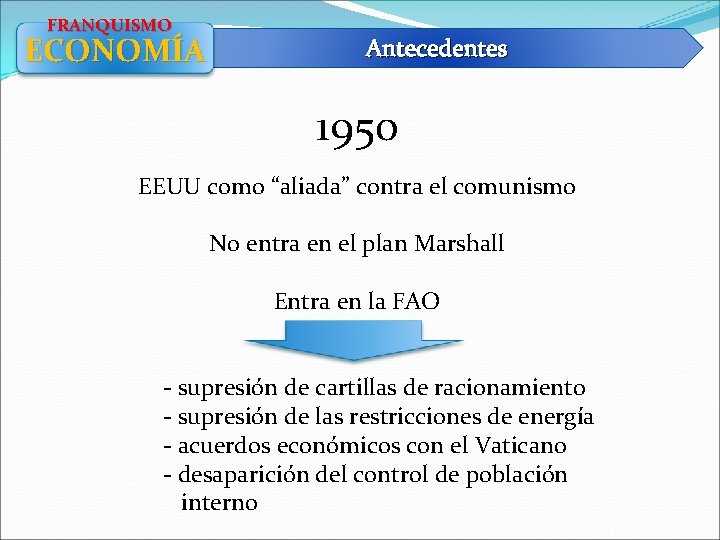 FRANQUISMO ECONOMÍA Antecedentes 1950 EEUU como “aliada” contra el comunismo No entra en el