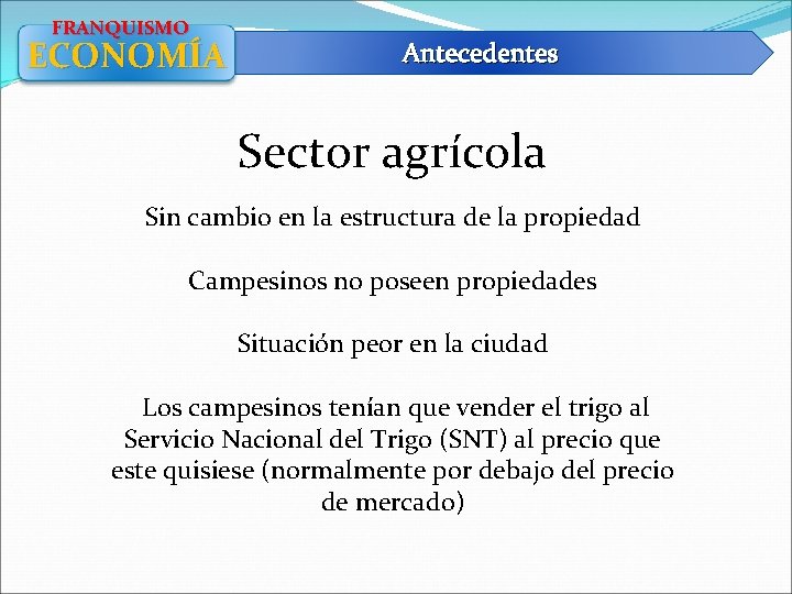 FRANQUISMO ECONOMÍA Antecedentes Sector agrícola Sin cambio en la estructura de la propiedad Campesinos