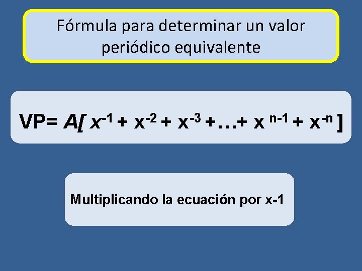 Fórmula para determinar un valor periódico equivalente VP= A[ x-1 + x-2 + x-3