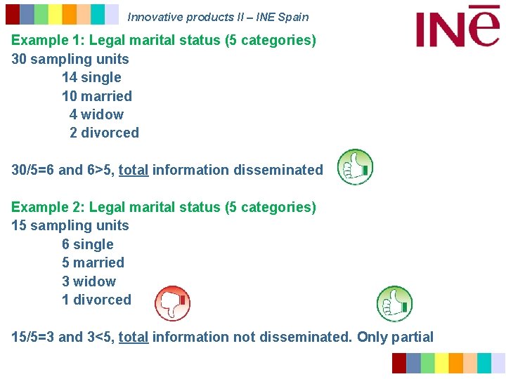 Innovative products II – INE Spain Example 1: Legal marital status (5 categories) 30