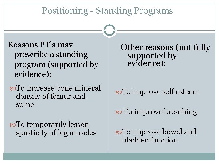 Positioning - Standing Programs Reasons PT’s may prescribe a standing program (supported by evidence):