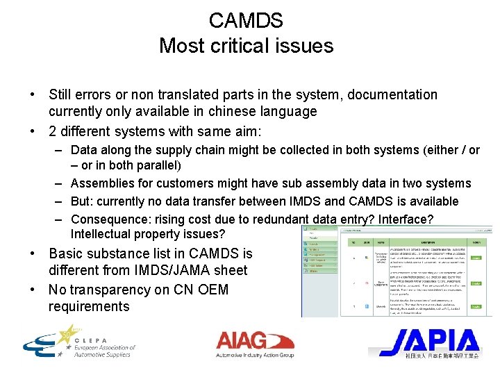 CAMDS Most critical issues • Still errors or non translated parts in the system,