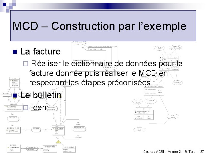 MCD – Construction par l’exemple n La facture ¨ Réaliser le dictionnaire de données