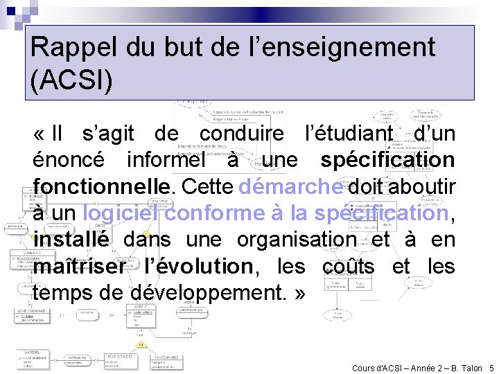 Rappel du but de l’enseignement (ACSI) « Il s’agit de conduire l’étudiant d’un énoncé