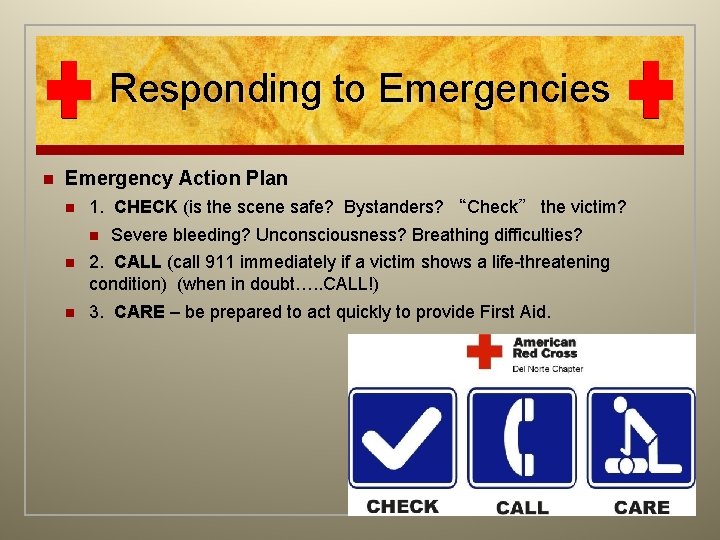 Responding to Emergencies n Emergency Action Plan n 1. CHECK (is the scene safe?