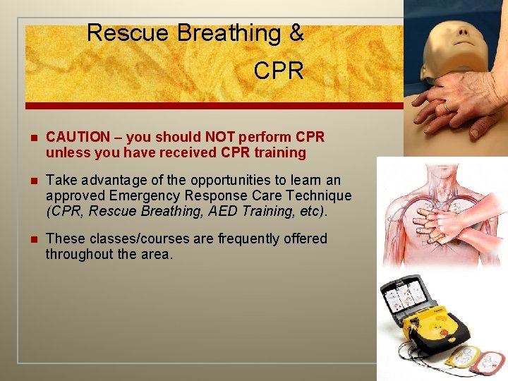 Rescue Breathing & CPR n CAUTION – you should NOT perform CPR unless you