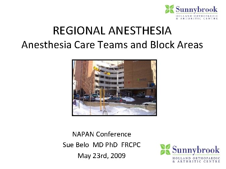 REGIONAL ANESTHESIA Anesthesia Care Teams and Block Areas NAPAN Conference Sue Belo MD Ph.