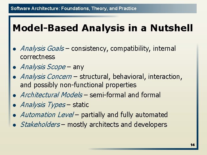 Software Architecture: Foundations, Theory, and Practice Model-Based Analysis in a Nutshell l Analysis Goals