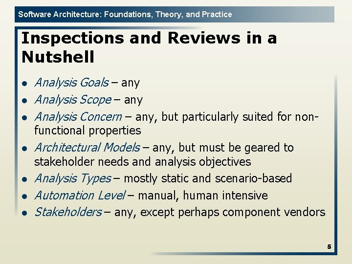 Software Architecture: Foundations, Theory, and Practice Inspections and Reviews in a Nutshell l Analysis