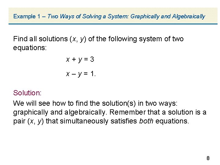Example 1 – Two Ways of Solving a System: Graphically and Algebraically Find all