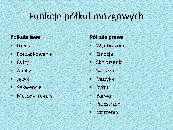 Funkcje półkul mózgowych Półkula lewa • • Logika Porządkowanie Cyfry Analiza Język Sekwencje Metody,