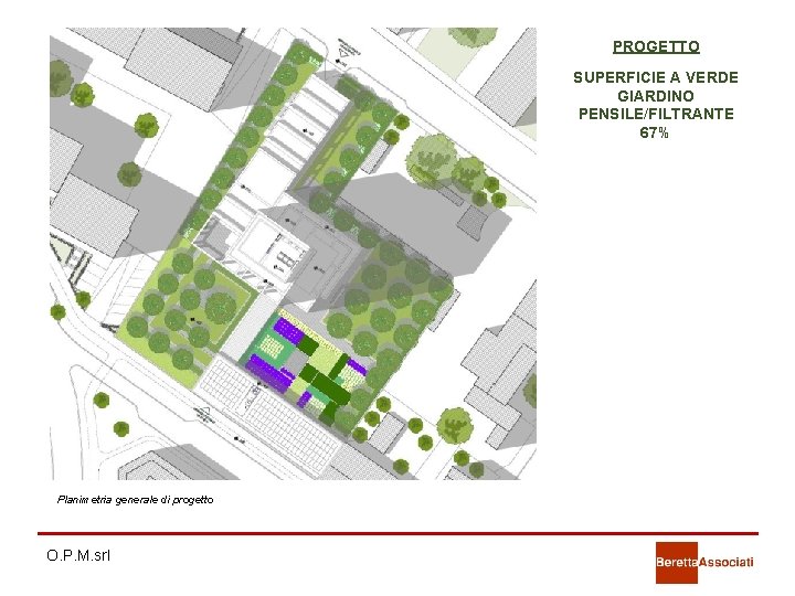 PROGETTO SUPERFICIE A VERDE GIARDINO PENSILE/FILTRANTE 67% Planimetria generale di progetto O. P. M. PROGETTO SUPERFICIE A VERDE GIARDINO PENSILE/FILTRANTE 67% Planimetria generale di progetto O. P. M.